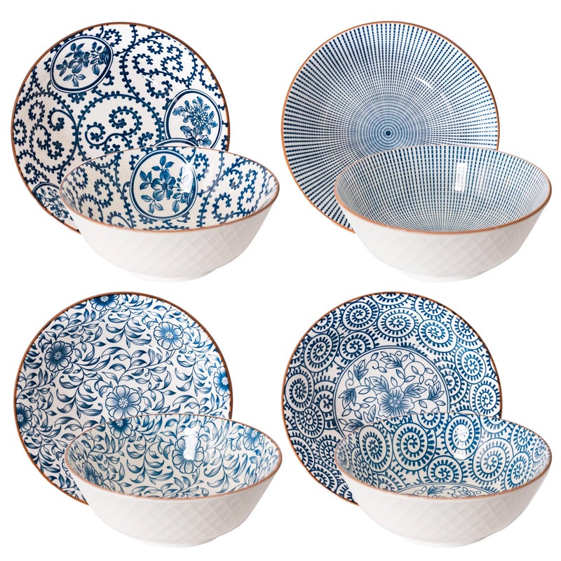 YALONG Ramen Bowls Set of 4, 40 Oz Pho Bowls â€“ 8 Inch Ceramic Large Soup Bowls for Noodles and Udon, Blue and White Japanese Style, Microwave & Dishwasher Safe - Image 2